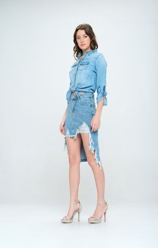 Front Destroyed Denim Skirt - Online Only