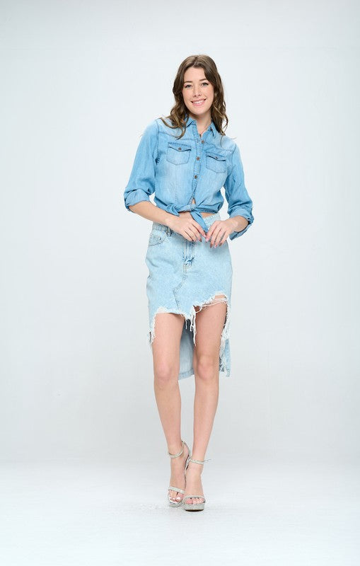 Front Destroyed Denim Skirt - Online Only