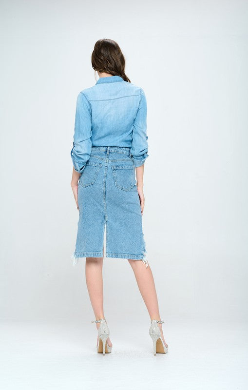 Front Destroyed Denim Skirt - Online Only