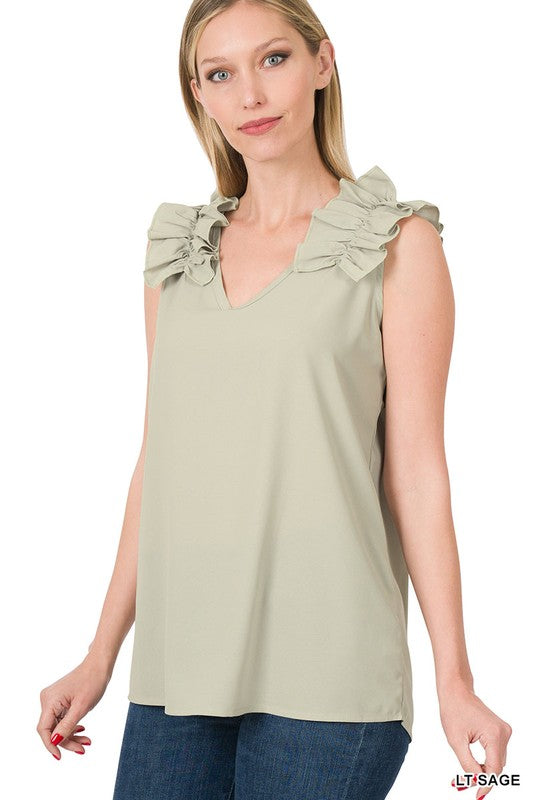 Zenana Woven Wool Dobby Ruffle Trim Sleeveless Top - Online Only