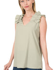 Zenana Woven Wool Dobby Ruffle Trim Sleeveless Top - Online Only