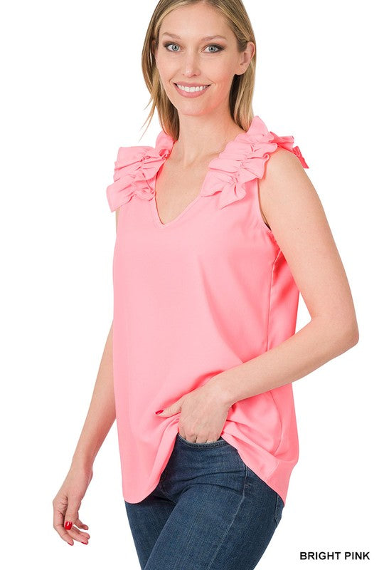 Zenana Woven Wool Dobby Ruffle Trim Sleeveless Top - Online Only