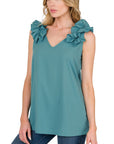 Zenana Woven Wool Dobby Ruffle Trim Sleeveless Top - Online Only