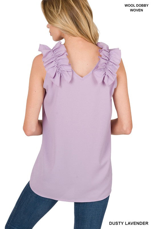 Zenana Woven Wool Dobby Ruffle Trim Sleeveless Top - Online Only