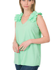 Zenana Woven Wool Dobby Ruffle Trim Sleeveless Top - My Pampered Life Seattle