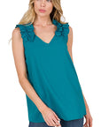 Zenana Woven Wool Dobby Ruffle Trim Sleeveless Top - Online Only