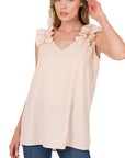 Zenana Woven Wool Dobby Ruffle Trim Sleeveless Top - Online Only