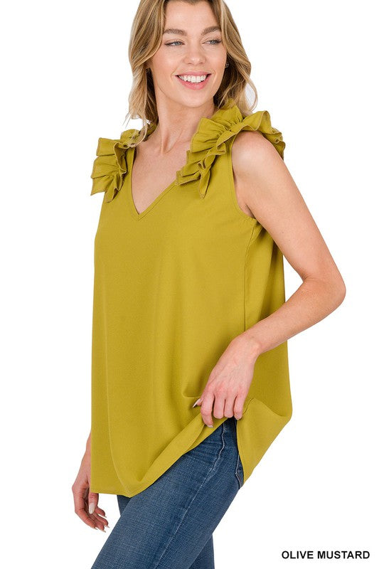 Zenana Woven Wool Dobby Ruffle Trim Sleeveless Top