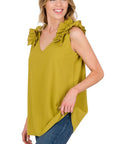 Zenana Woven Wool Dobby Ruffle Trim Sleeveless Top - My Pampered Life Seattle