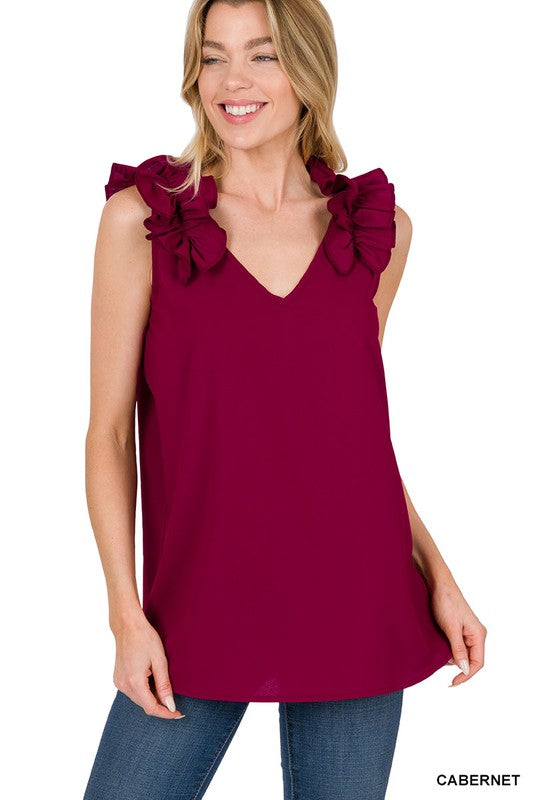 Zenana Woven Wool Dobby Ruffle Trim Sleeveless Top