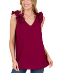 Zenana Woven Wool Dobby Ruffle Trim Sleeveless Top - Online Only