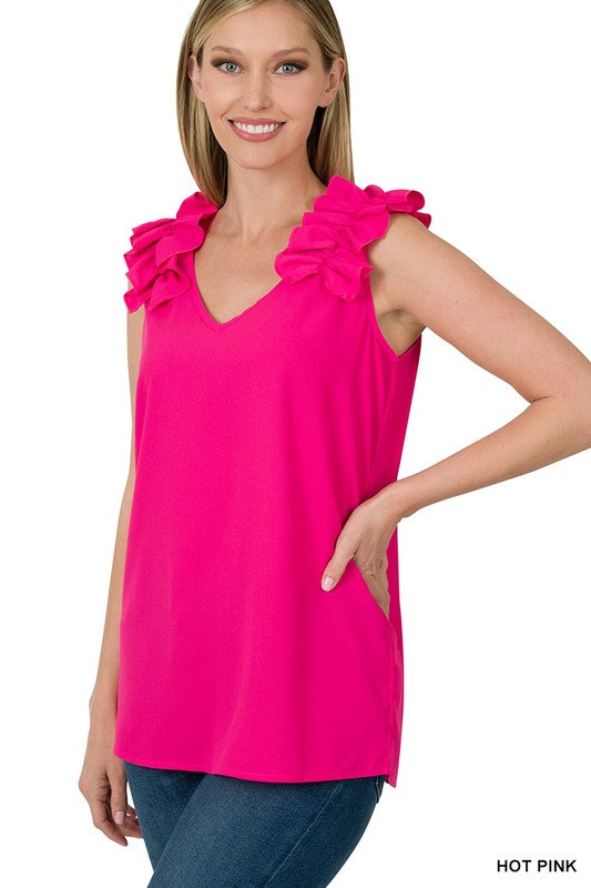 Zenana Woven Wool Dobby Ruffle Trim Sleeveless Top