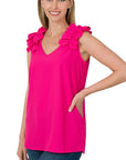 Zenana Woven Wool Dobby Ruffle Trim Sleeveless Top - My Pampered Life Seattle