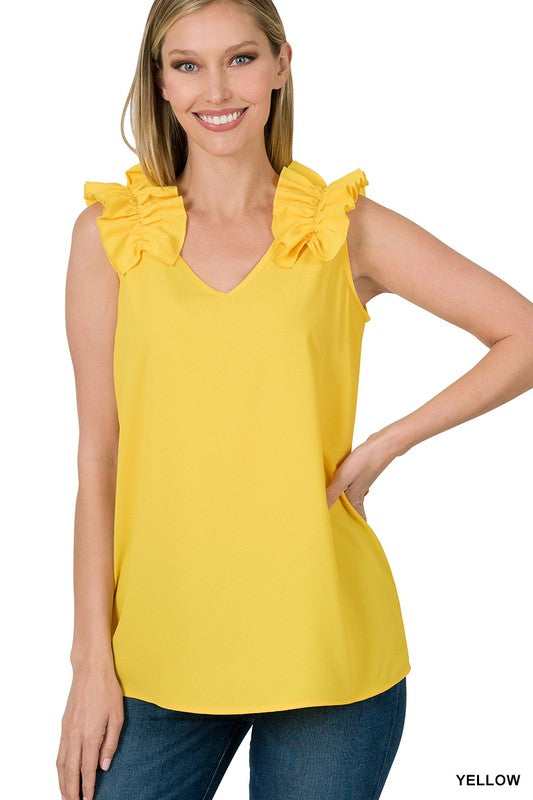 Zenana Woven Wool Dobby Ruffle Trim Sleeveless Top - Online Only