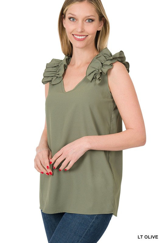 Zenana Woven Wool Dobby Ruffle Trim Sleeveless Top - Online Only