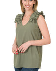 Zenana Woven Wool Dobby Ruffle Trim Sleeveless Top - My Pampered Life Seattle