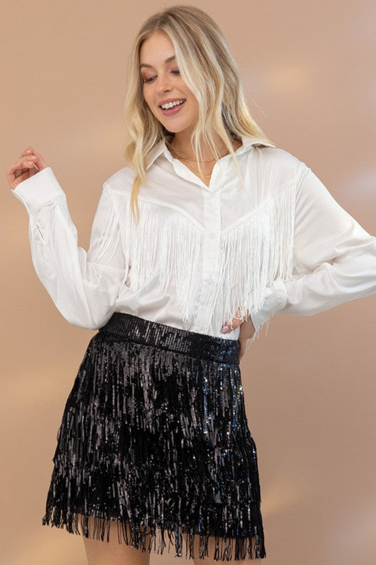 Blue B Satin Shirt Blouse with Chevron Fringe