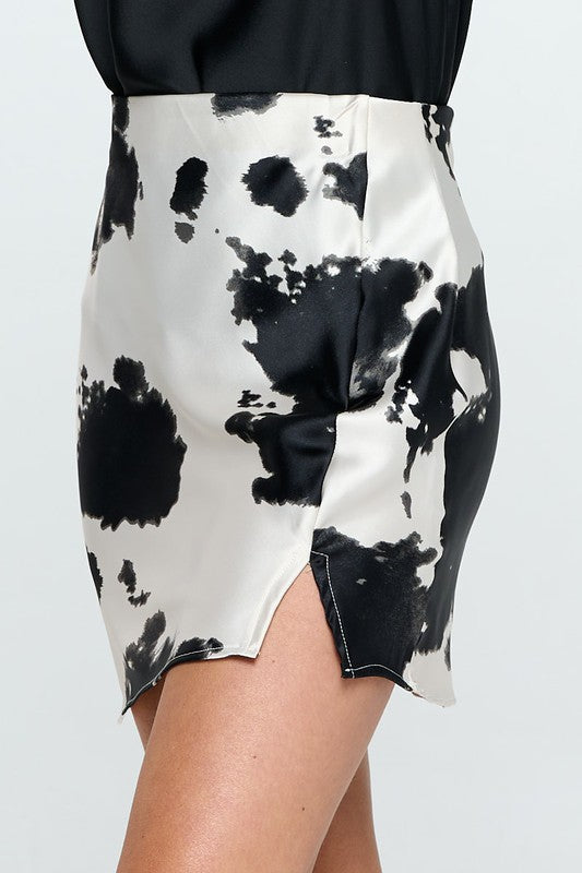Renee C. Made in USA Cow Print Satin Mini Skirt with Slit