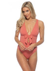 Solid Halter Bow Tie Front One Piece Swimsuit