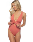 Solid Halter Bow Tie Front One Piece Swimsuit