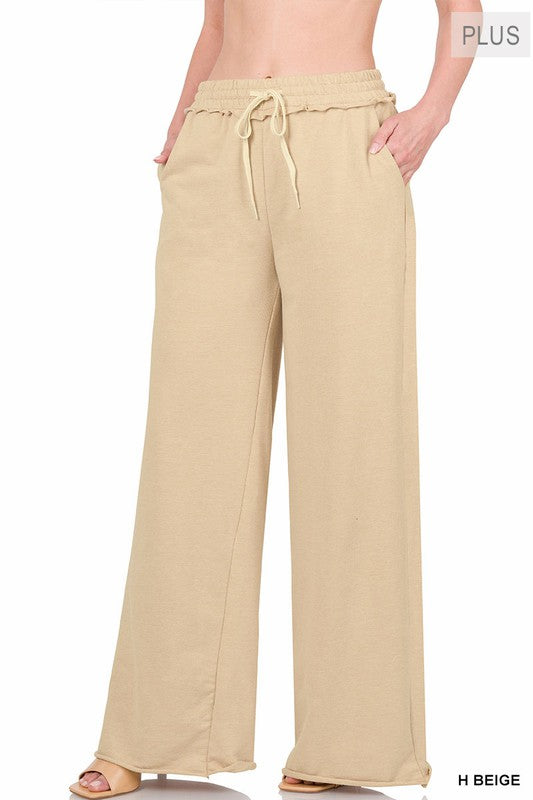 Zenana Plus French Terry Raw Edge Hemmed Pants - Online Only