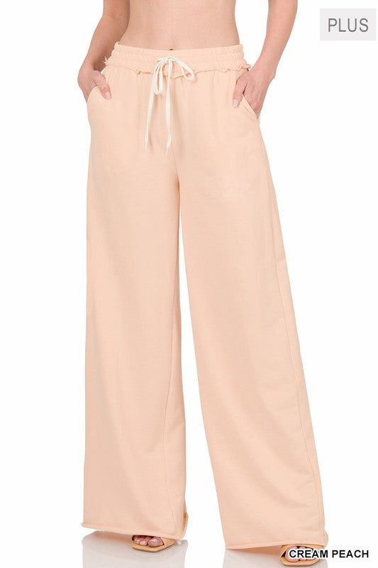 Zenana Plus French Terry Raw Edge Hemmed Pants - Online Only