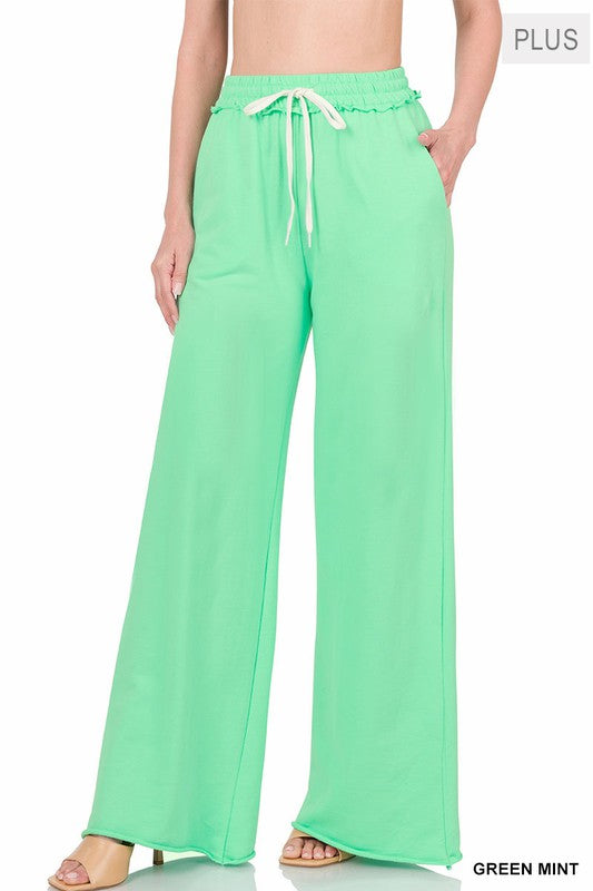 Zenana Plus French Terry Raw Edge Hemmed Pants - Online Only