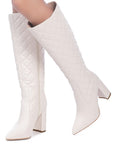 Quilt Knee Figh Block Heeled Boots