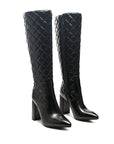 Quilt Knee Figh Block Heeled Boots