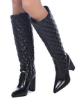 Quilt Knee Figh Block Heeled Boots