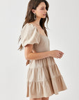 Mustard Seed Puff Sleeve Back Double Tie Tiered Dress - Online Only