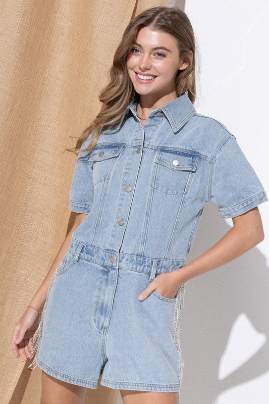 Blue B Washed Denim Overall Romper