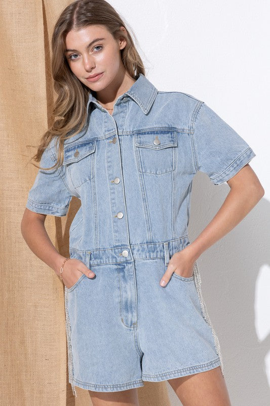 Blue B Washed Denim Overall Romper