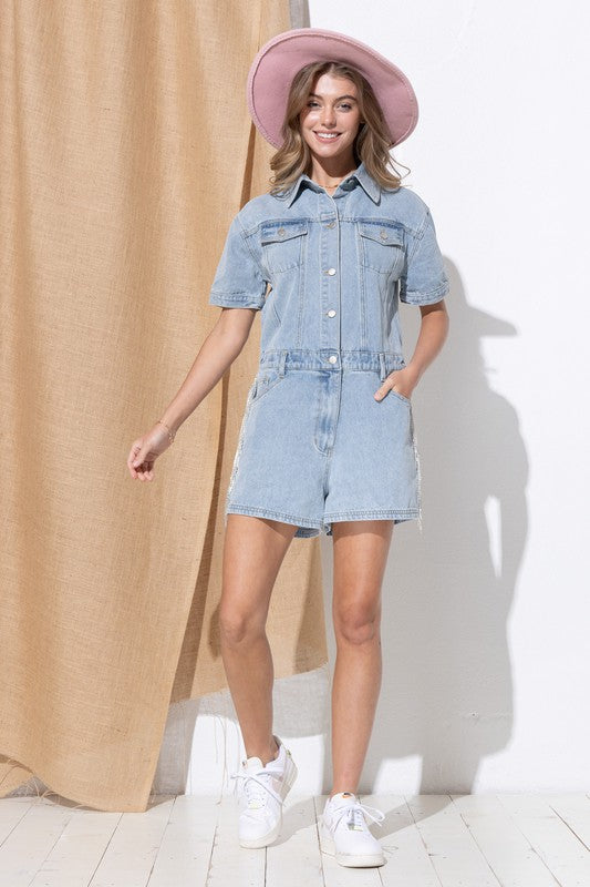 Blue B Washed Denim Overall Romper