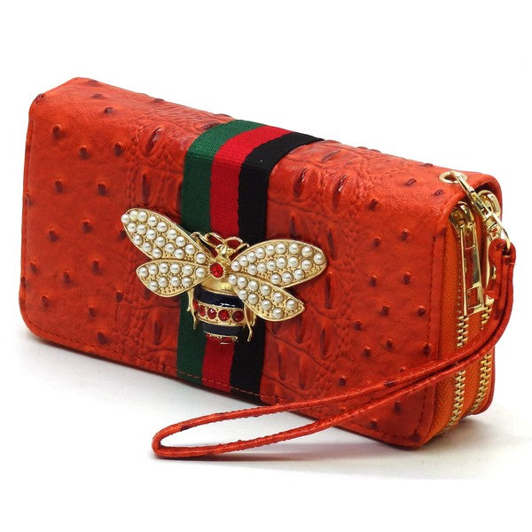 Queen Bee Stripe Ostrich Double Zip Around Wallet - Online Only