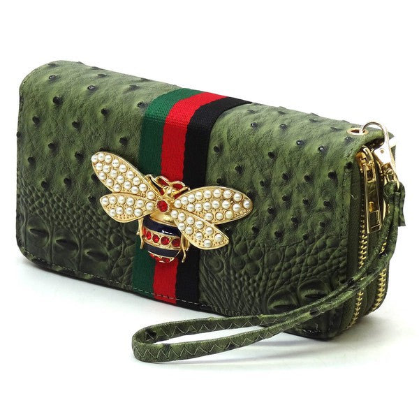 Queen Bee Stripe Ostrich Double Zip Around Wallet - Online Only