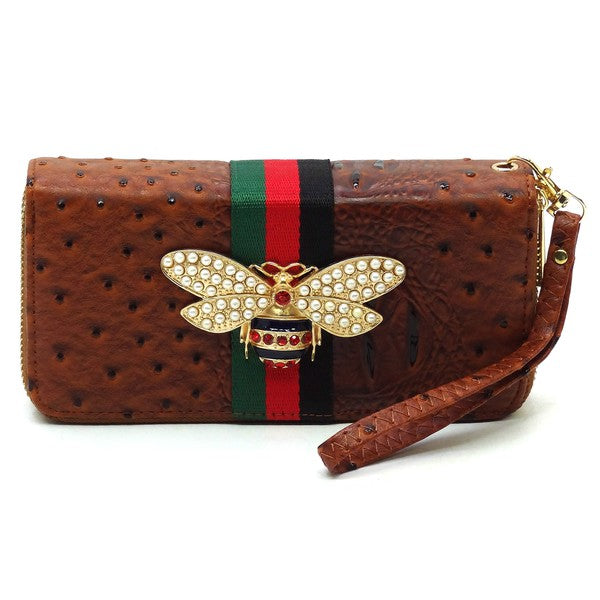 Queen Bee Stripe Ostrich Double Zip Around Wallet - Online Only