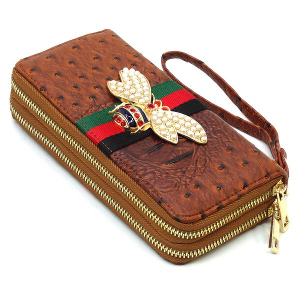 Queen Bee Stripe Ostrich Double Zip Around Wallet - Online Only