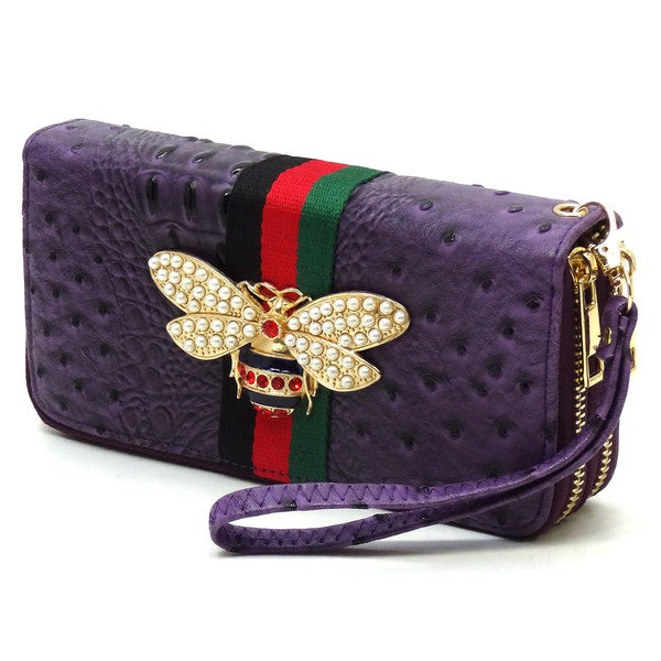 Queen Bee Stripe Ostrich Double Zip Around Wallet - Online Only