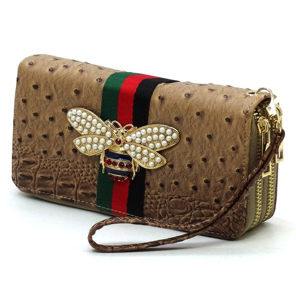 Queen Bee Stripe Ostrich Double Zip Around Wallet - Online Only