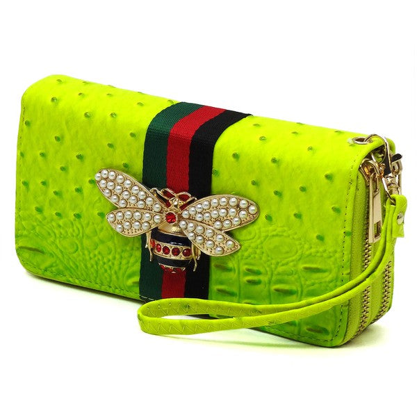 Queen Bee Stripe Ostrich Double Zip Around Wallet - Online Only