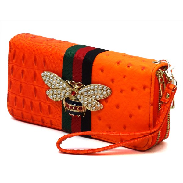 Queen Bee Stripe Ostrich Double Zip Around Wallet - Online Only