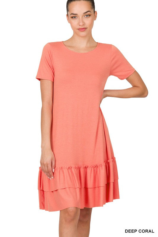 Zenana Short Sleeve Round Neck Ruffle Hem Dress - Online Only