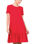 Zenana Short Sleeve Round Neck Ruffle Hem Dress - Online Only