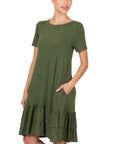 Zenana Short Sleeve Round Neck Ruffle Hem Dress - Online Only