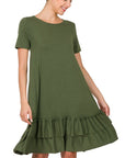 Zenana Short Sleeve Round Neck Ruffle Hem Dress - Online Only