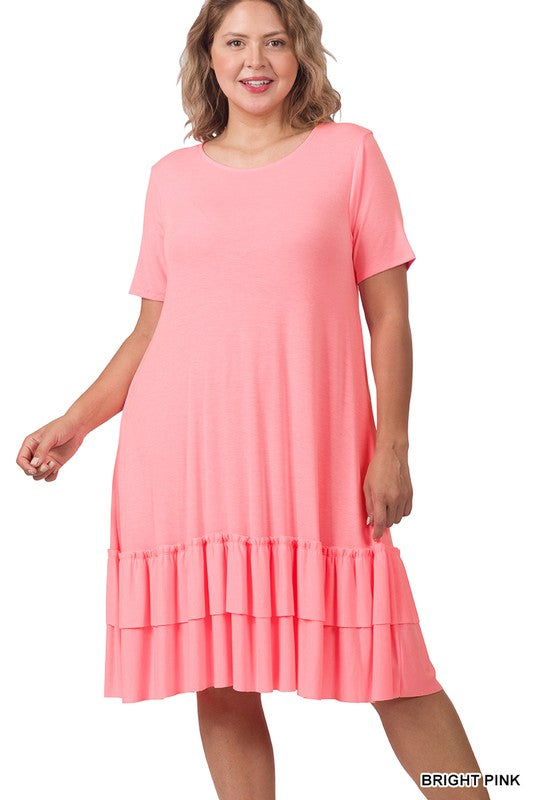 Zenana Plus Short Sleeve Ruffle Hem Dress - Online Only