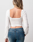 Shirred Puff Sleeve Crop Top — Textured Semi-Sheer Blouse