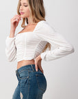 Shirred Puff Sleeve Crop Top — Textured Semi-Sheer Blouse