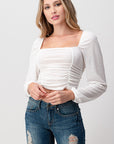 Shirred Puff Sleeve Crop Top — Textured Semi-Sheer Blouse